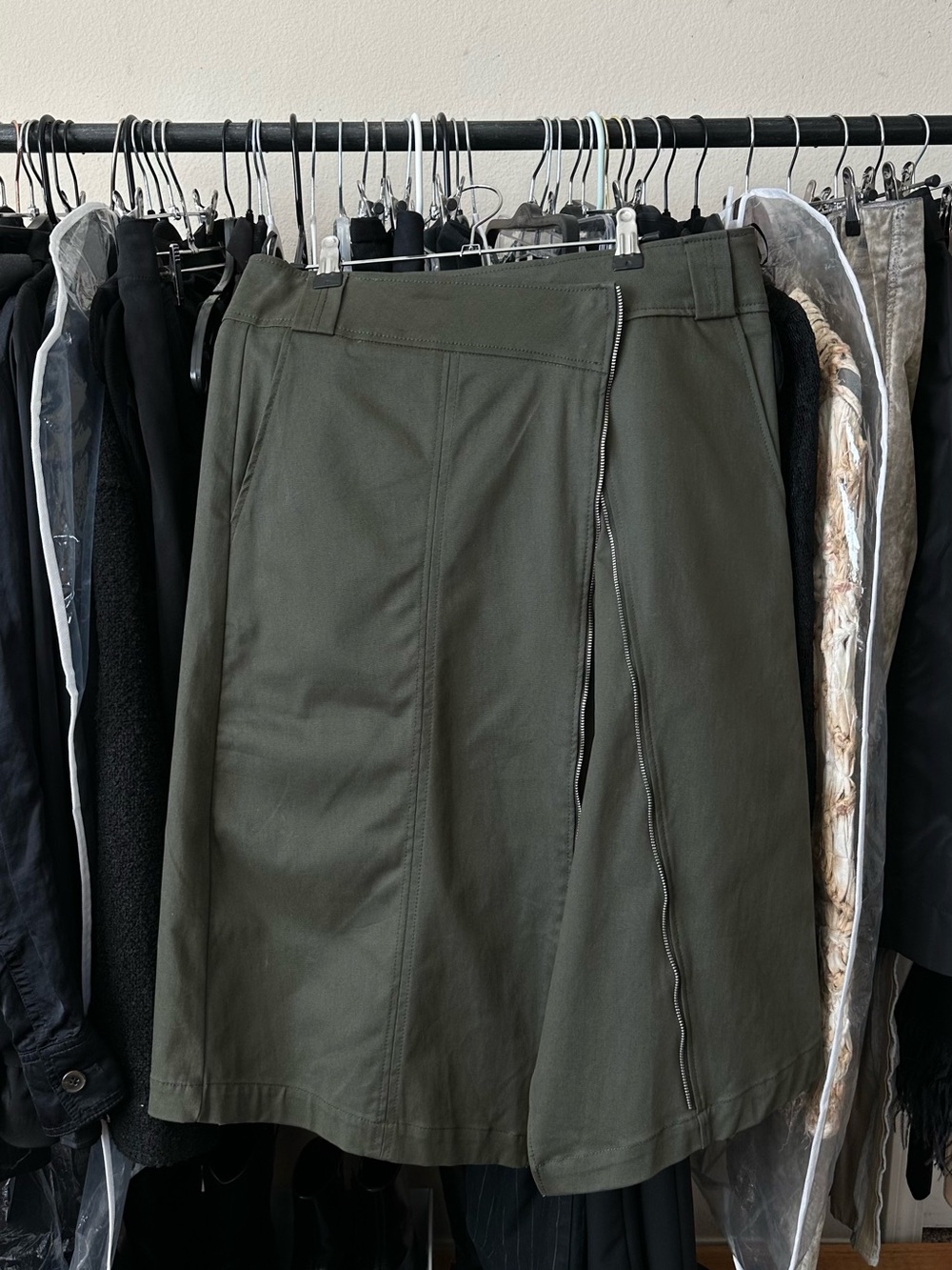 ZARA Olive Green Asymmetrical Zip Skirt Military Style Size-Medium